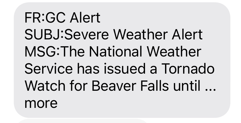 An example of a GC alert via text message